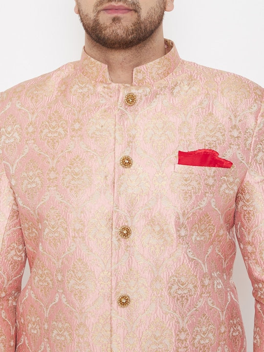 Vastramay Men Pink & Gold-Coloured Slim Fit Brocade Woven Design Sherwani Set
