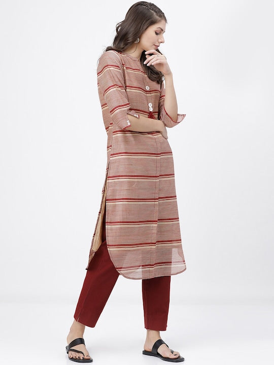 Vishudh Women Maroon & Beige Striped Band Collar Thread Work Kurta