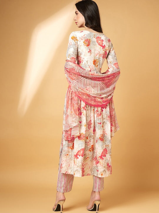 All about you Floral Embroidered V-Neck Straight Kurta With Trousers & Dupatta