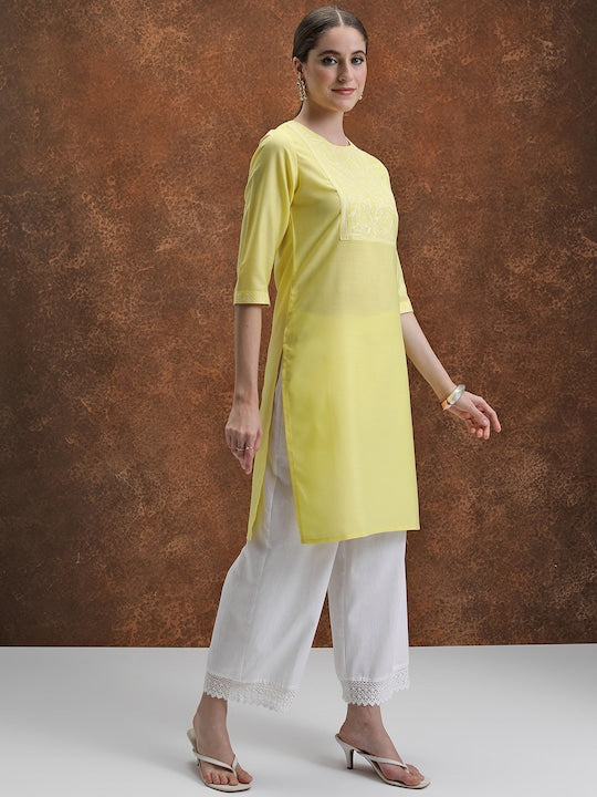 Vishudh Yellow Floral Yoke Design Thread Work Straight Kurta