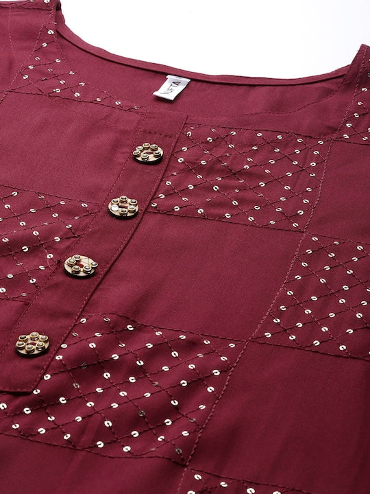 Yufta Women Maroon Floral Embroidered Sequinned Kurta with Palazzos