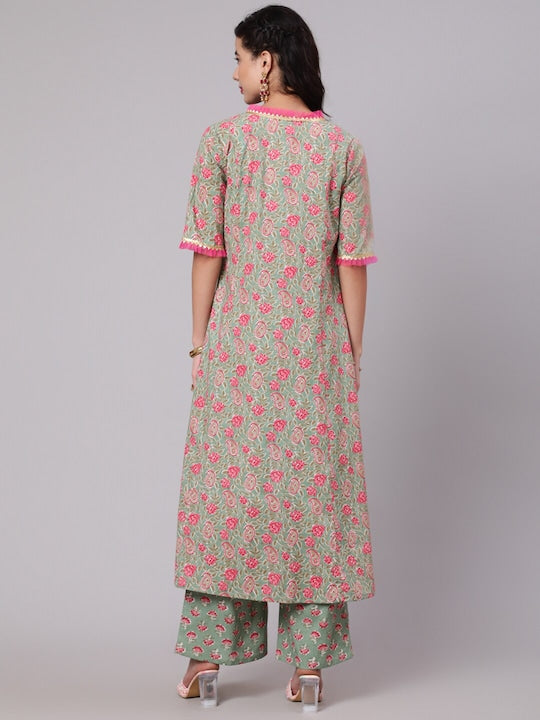 AKS Printed Pure Cotton Crop Top & Palazzos With Jacket