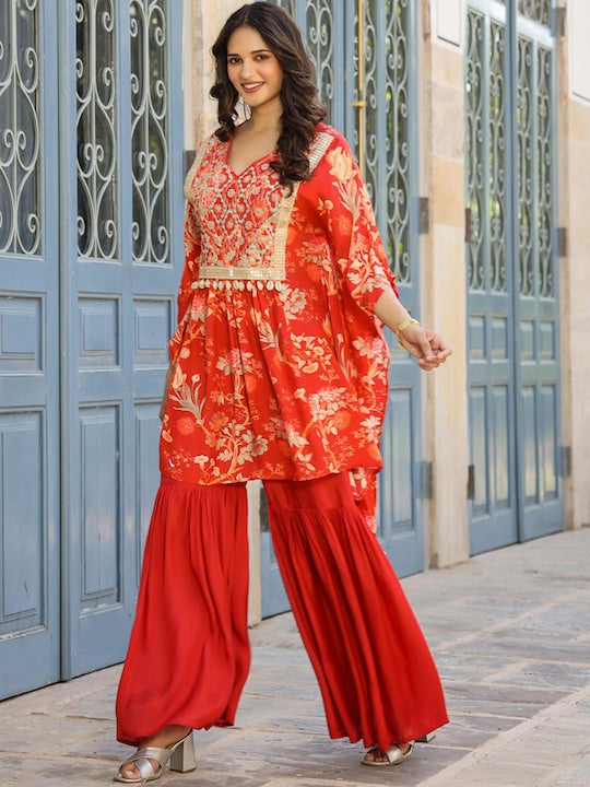 Scakhi Floral Printed V-Neck Pleated Mirror Work Kaftan Kurta With Sharara