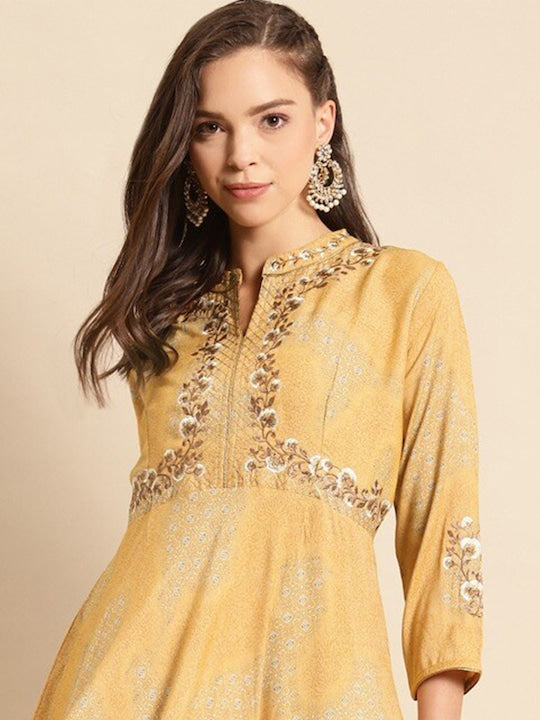 All about you Floral Printed Notch Neck Embroidered Liva Maxi Dress