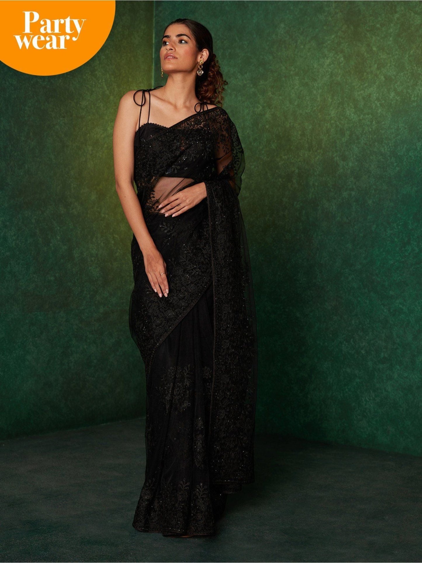 Likha Black Net Sequins Embroidered Saree & Unstitched Blouse LIKSAR12 (One Size)