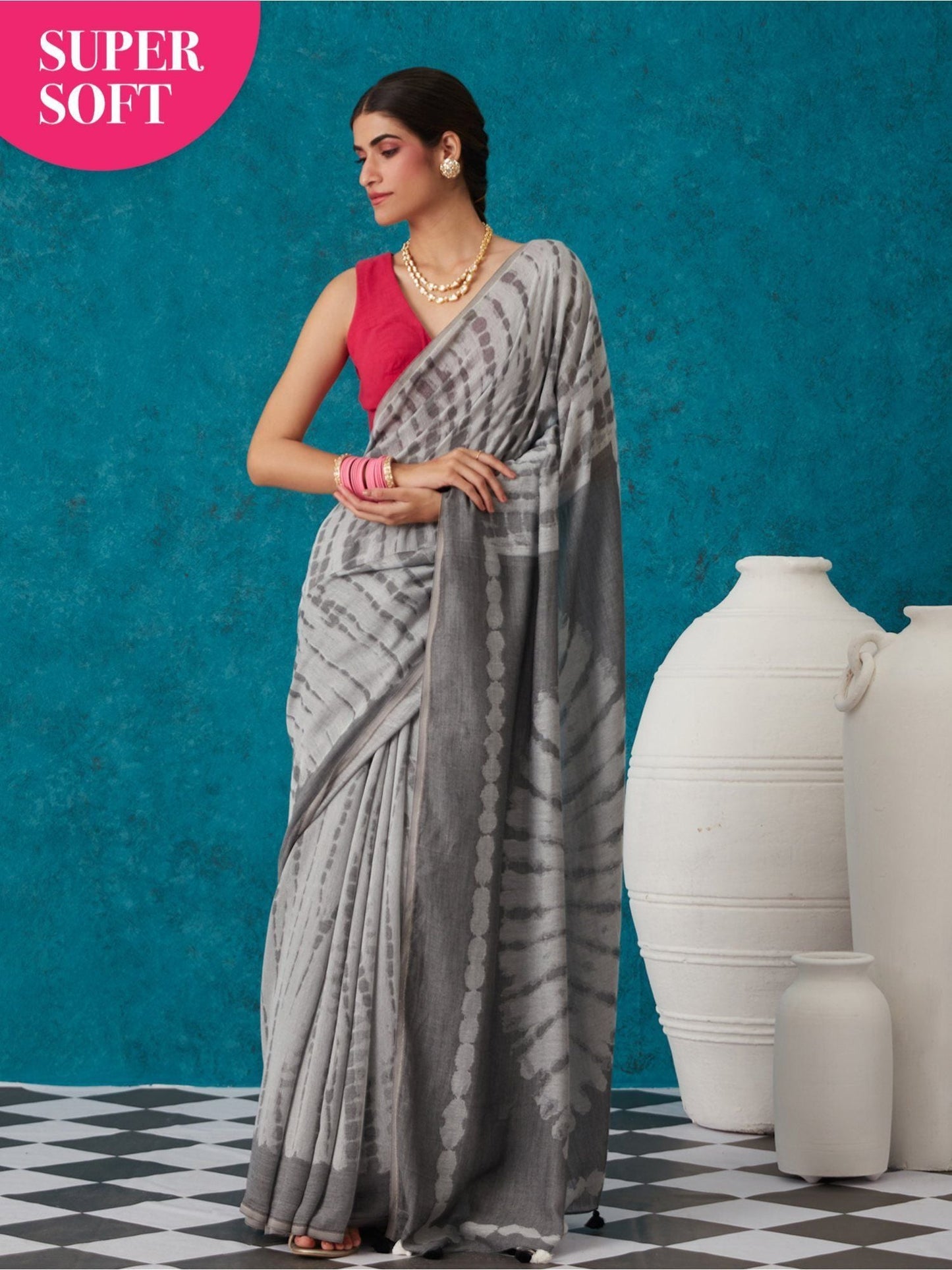 Likha Grey Liva Jacquard Textured Lite Saree With Unstitched Blouse LIKSAR27 (Free Size)
