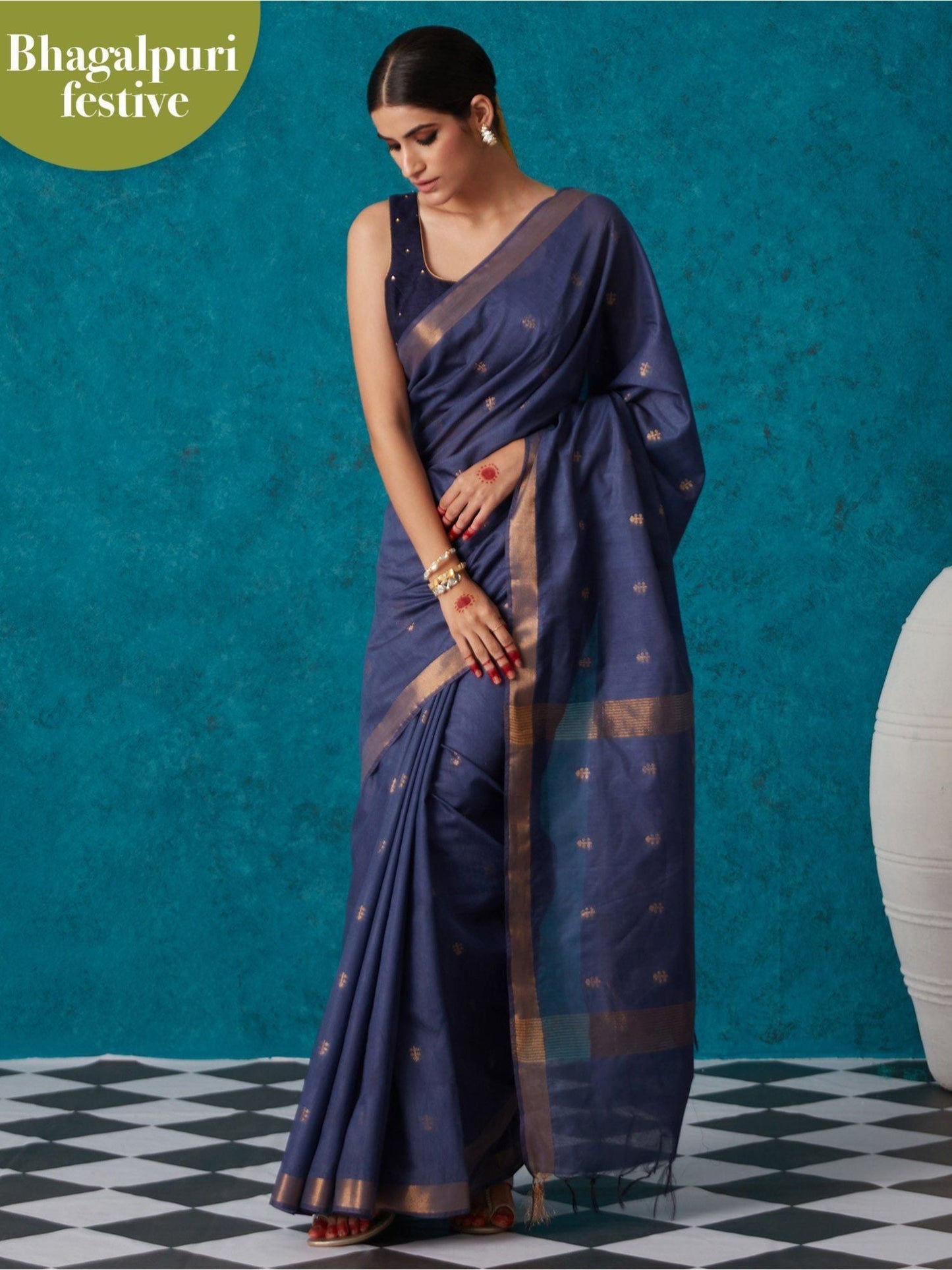 Likha Blue Bhagalpuri Festive Linen Zari Saree & Unstitched Blouse LIKSAR35 (Free Size)