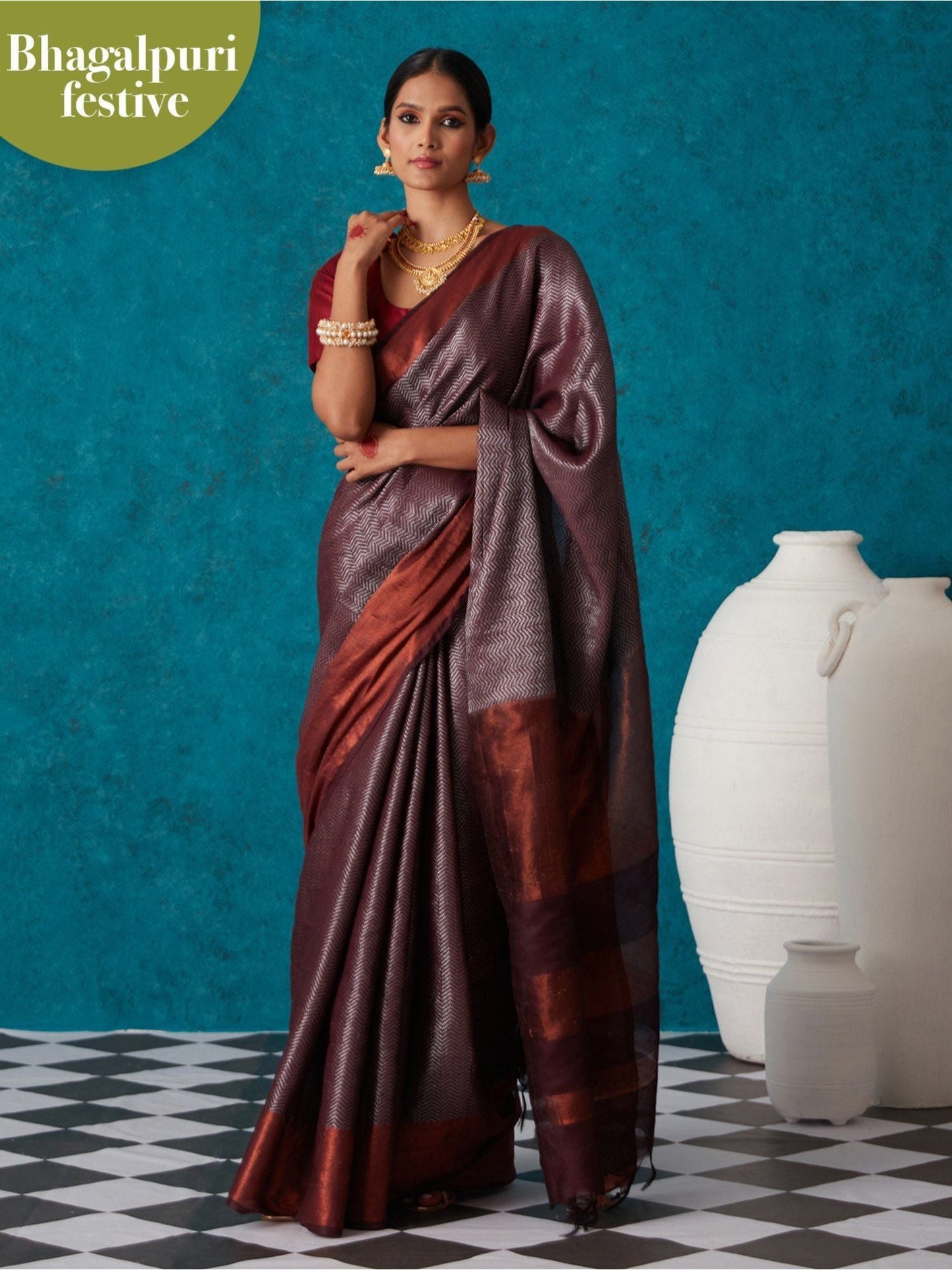 Likha Brown Bhagalpuri Festive Linen Zari Saree & Unstitched Blouse LIKSAR42