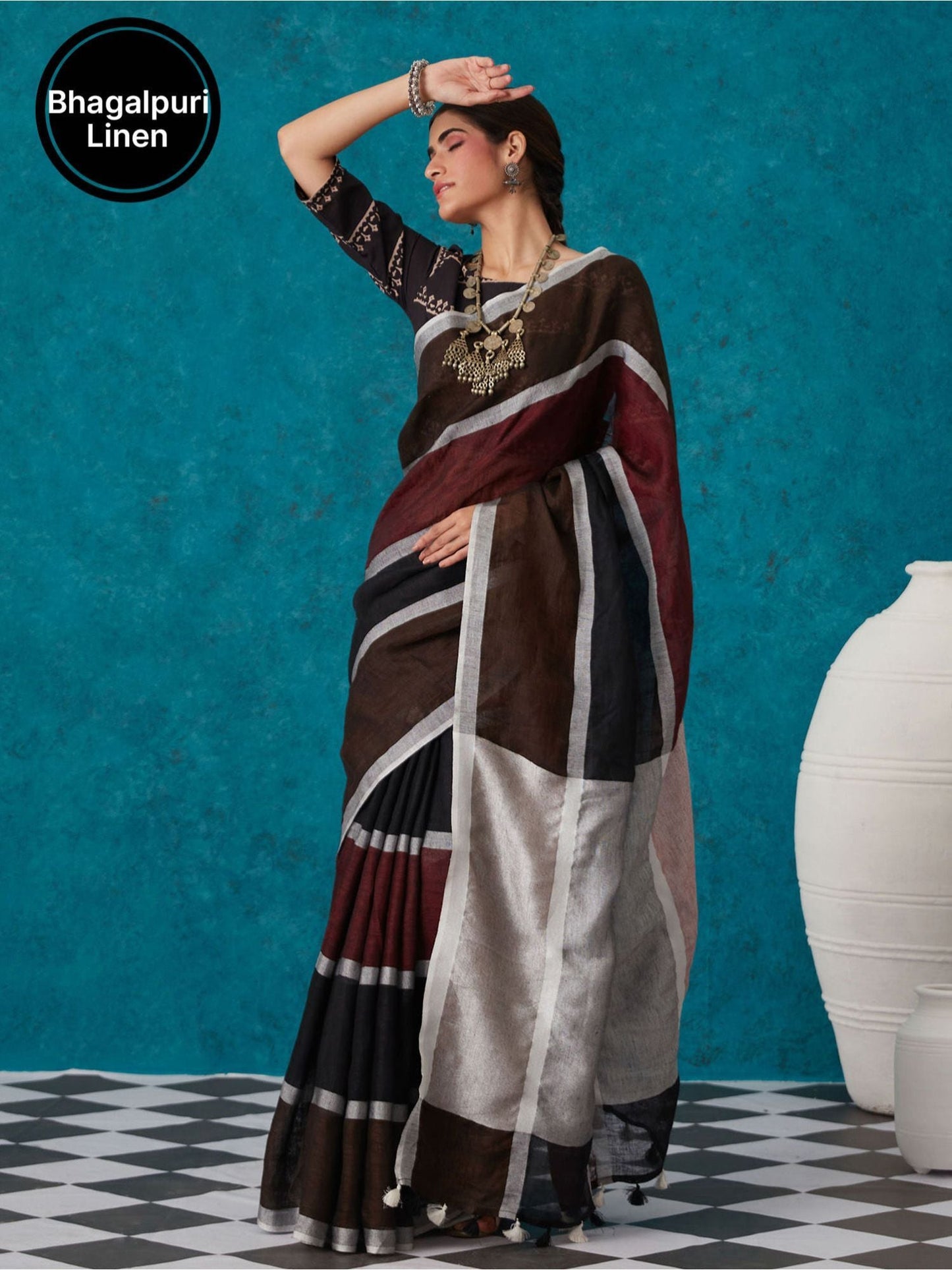 Likha Maroon Linen Zari Blend Bhagalpuri Saree with Unstitched Blouse LIKSAR85 (Free Size)