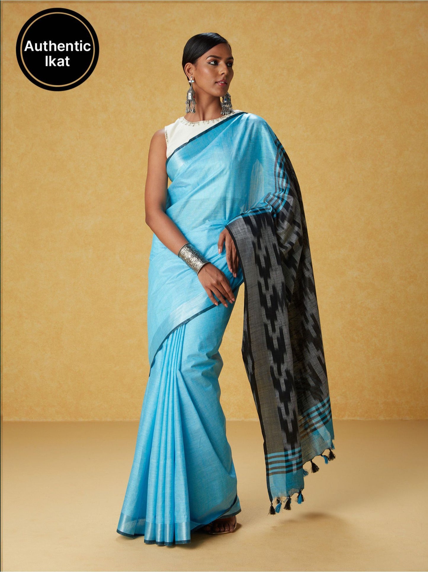 Likha Blue Cotton Ikat Saree with Unstitched Blouse LIKSAR92 (Free Size)