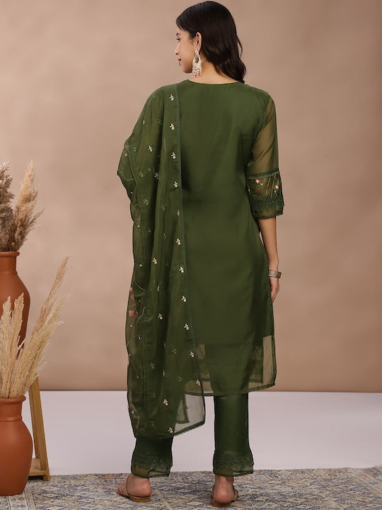 Fabmora Women Floral Embroidered Regular Kurta with Trousers & With Dupatta