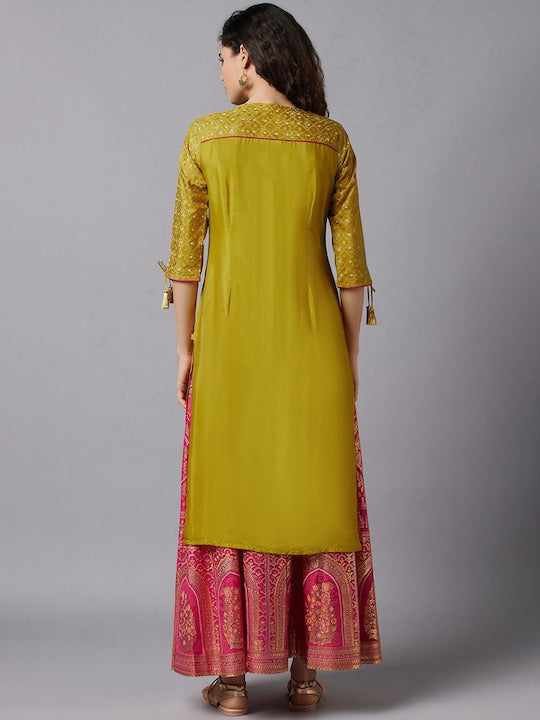 Aurelia Women Green & Gold-Toned Ethnic Motifs Kurta