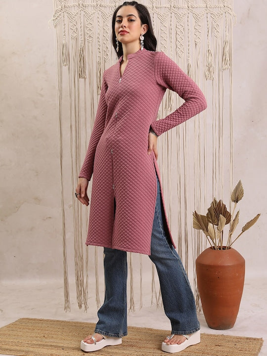 Vishudh Geometric Woven Design Mandarin Collar Quilted Detail Straight Kurta