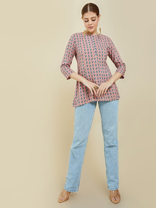 Soch Peach & Blue Floral Printed Tunic - S