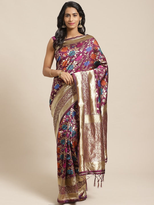 Saree mall Burgundy & Gold-Toned Woven Design Banarasi Saree