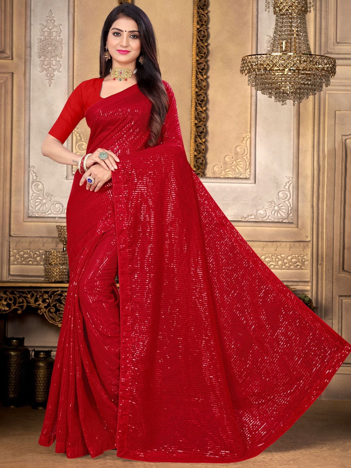 Odette Sparkling Red Sequins Saree with Unstitched Blouse