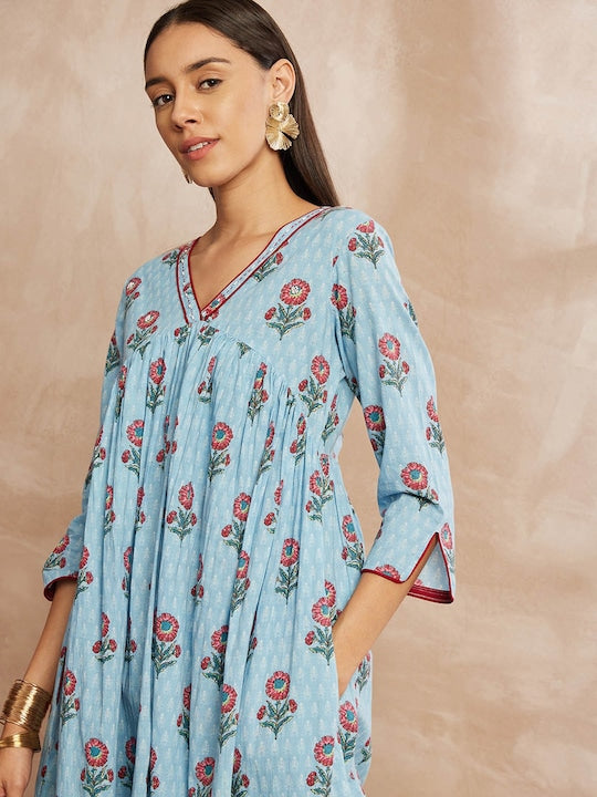 All about you Turquoise Blue Floral Yoke Design Pure Cotton Kurta with Trousers