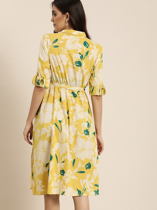 All about you Women Yellow & Off White Floral Printed Belted Shirt Dress
