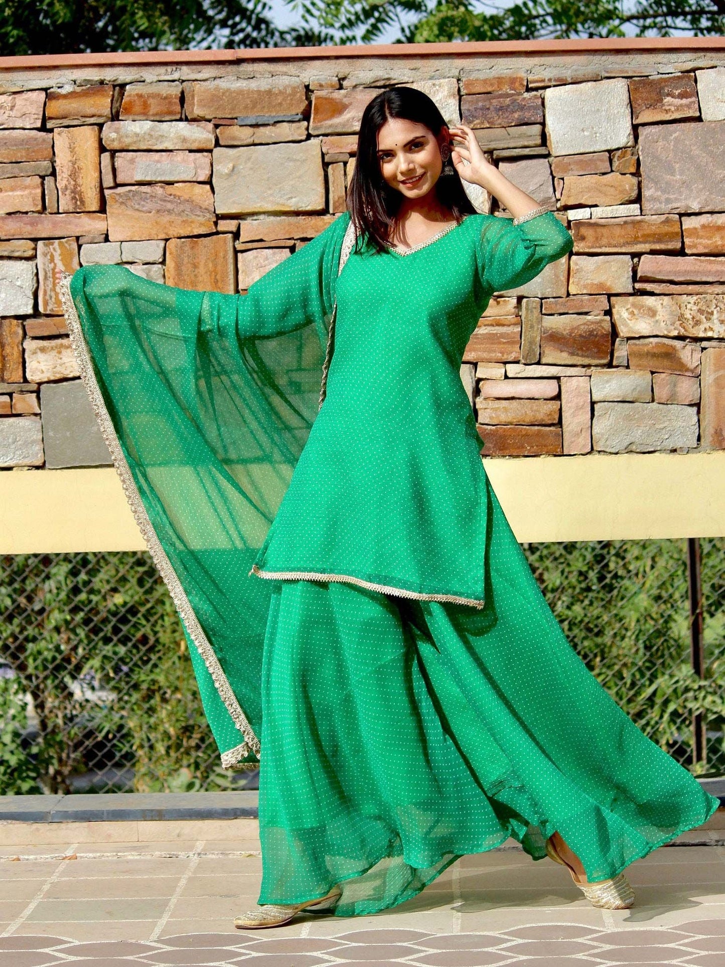 ONEWE INDIA Gayatri Sharara Set (Set of 3) - Green