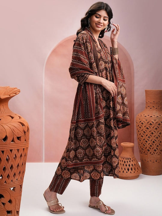 Vishudh Floral Printed Mirror Work Pure Cotton Kurta with Trouser & With Dupatta - L