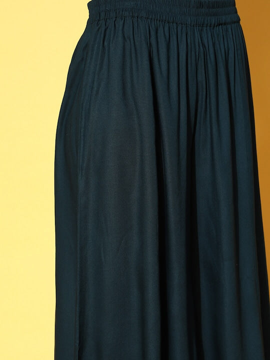 Yufta Green & Orange A-Line Sleeveless Kurta With Palazzos & Dupatta