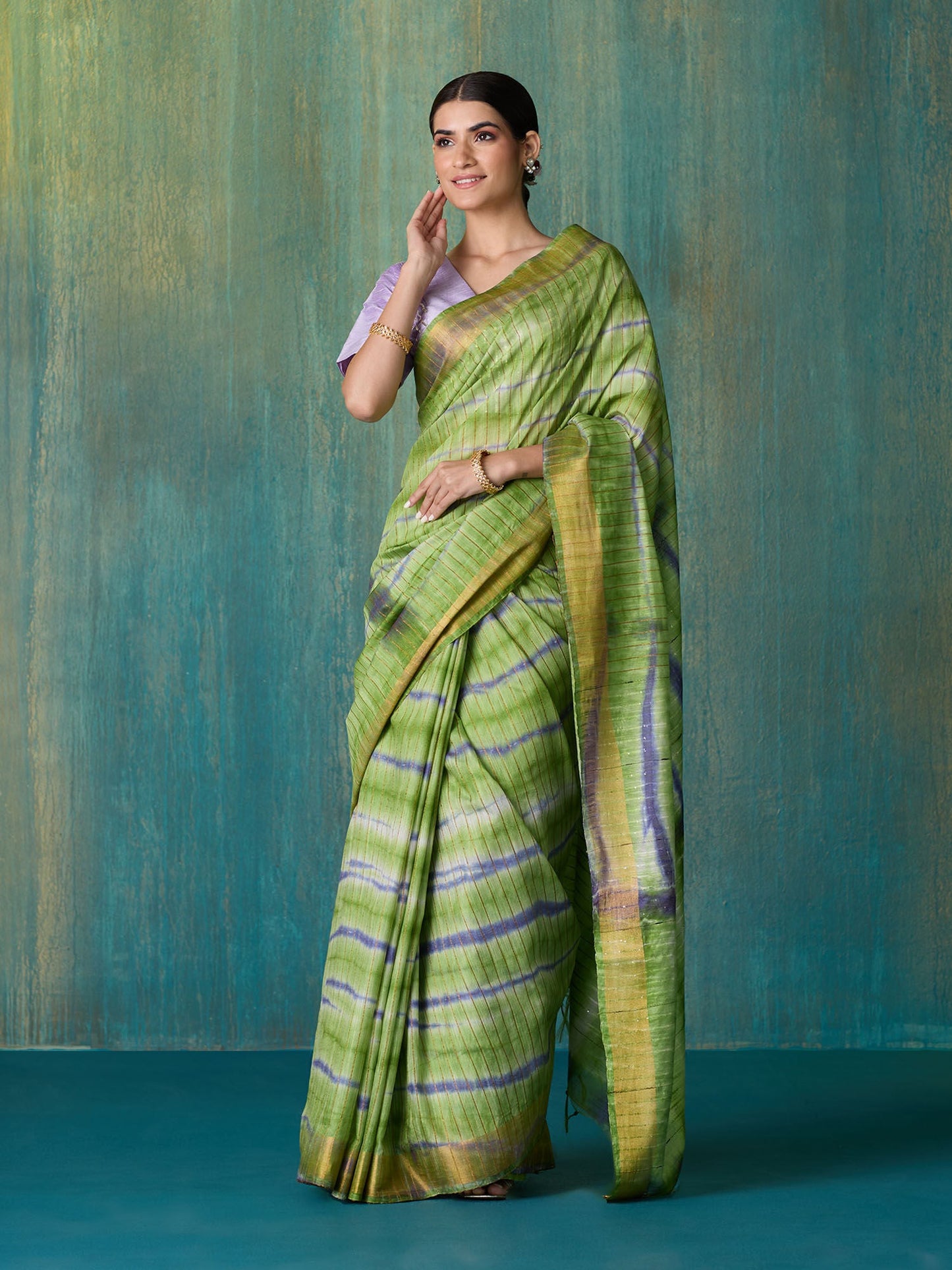 Likha Green Shibori Tie-Dye Zari Striper Saree with Unstitched Blouse