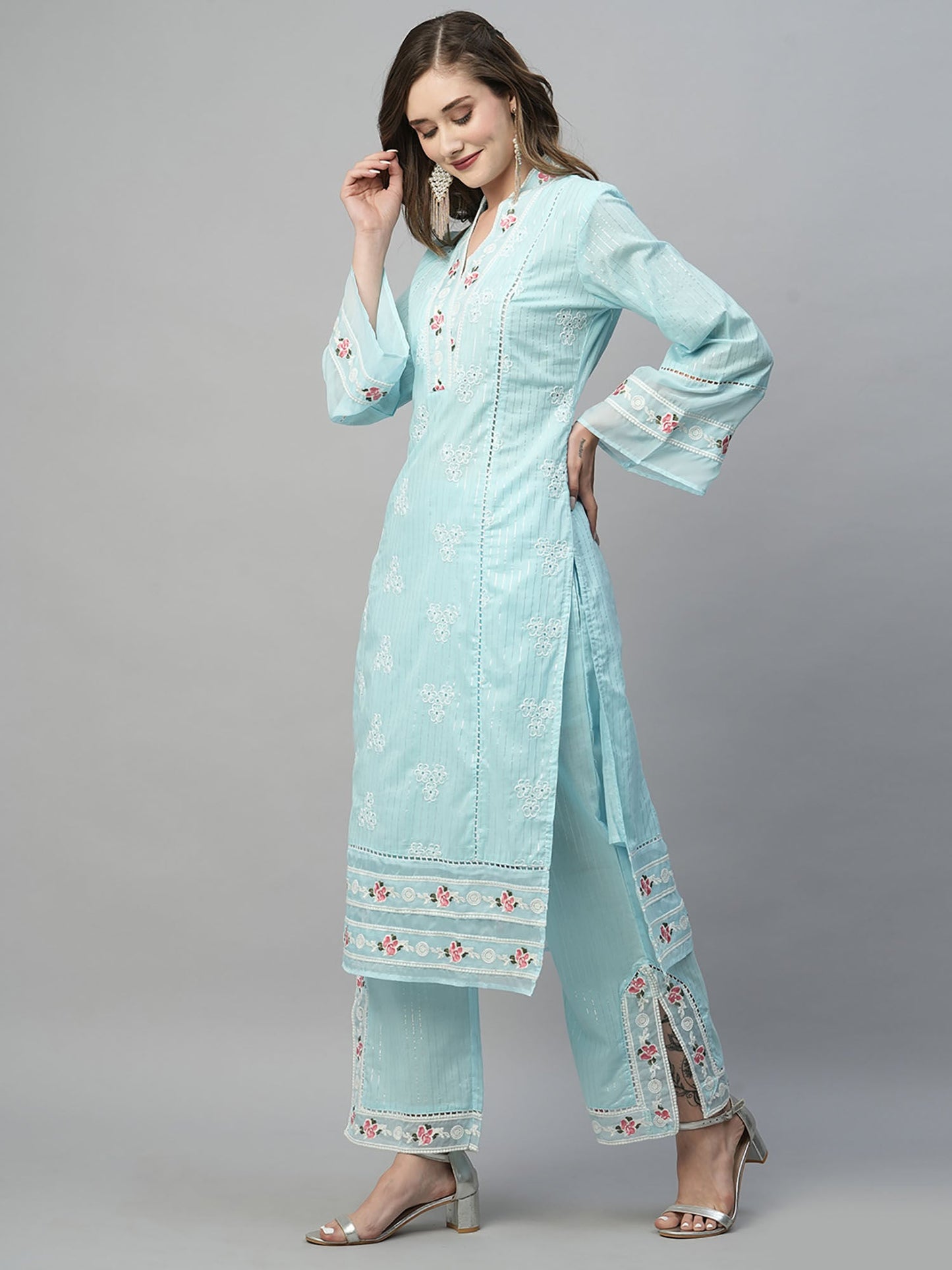 Heeposh Blue Pure Cotton Schiffli Kurta with Organza Embroidered Dupatta (Set of 3)