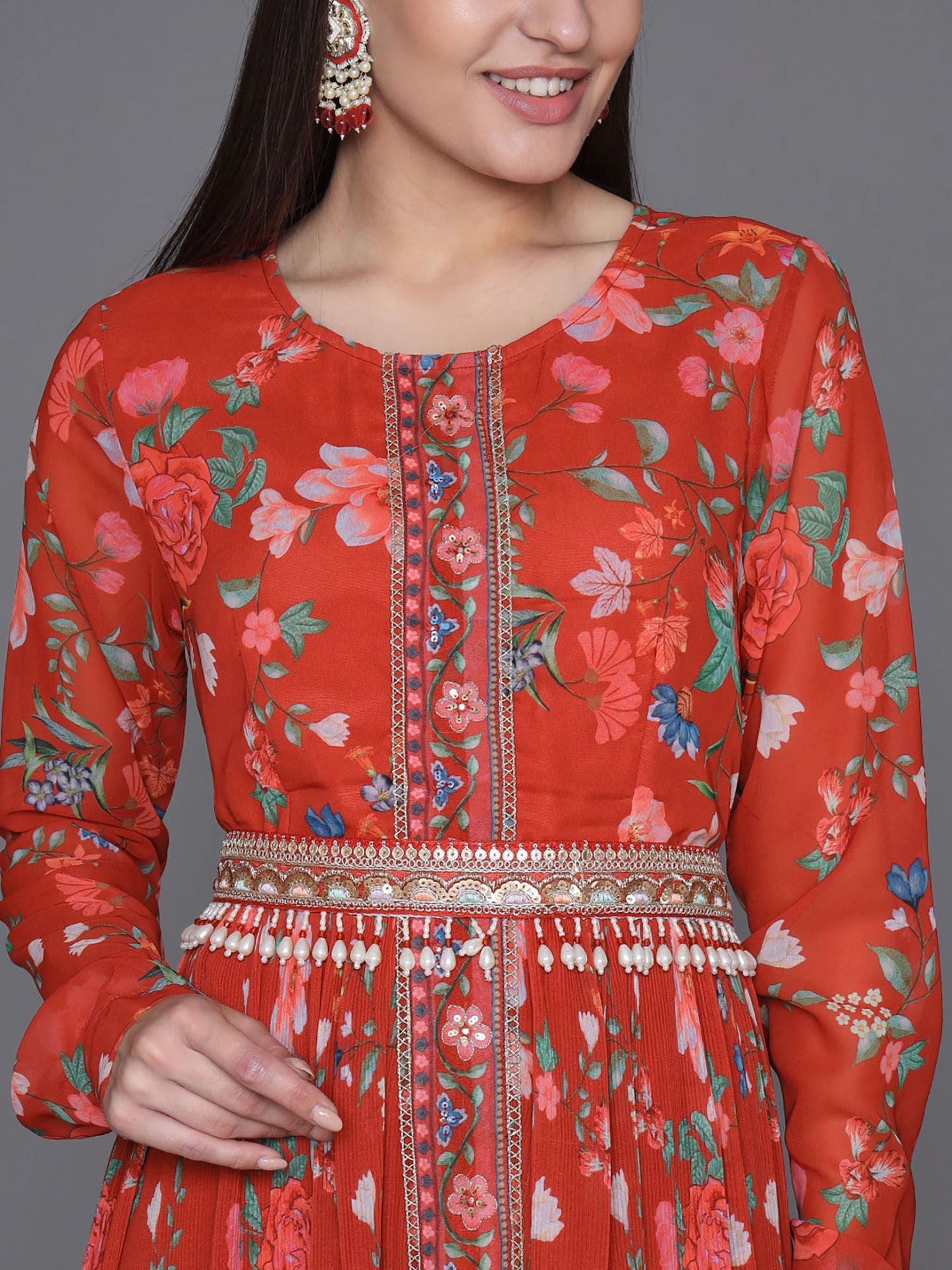 Heeposh Red Zari Embroidered Flared Kurta with Dupatta & An Embellished Belt (Set of 3)