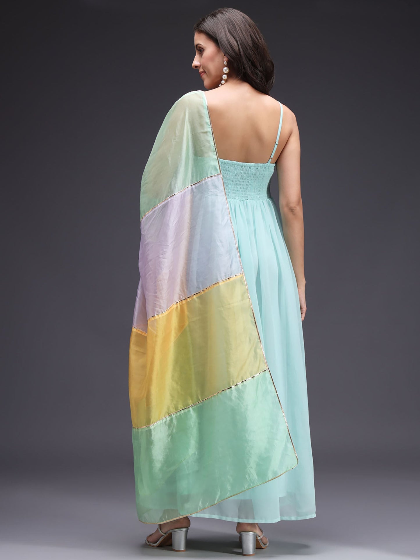 Heeposh Blue Flared Heavy Handwork Georgette Dress with Organza Dupatta (Set of 2)