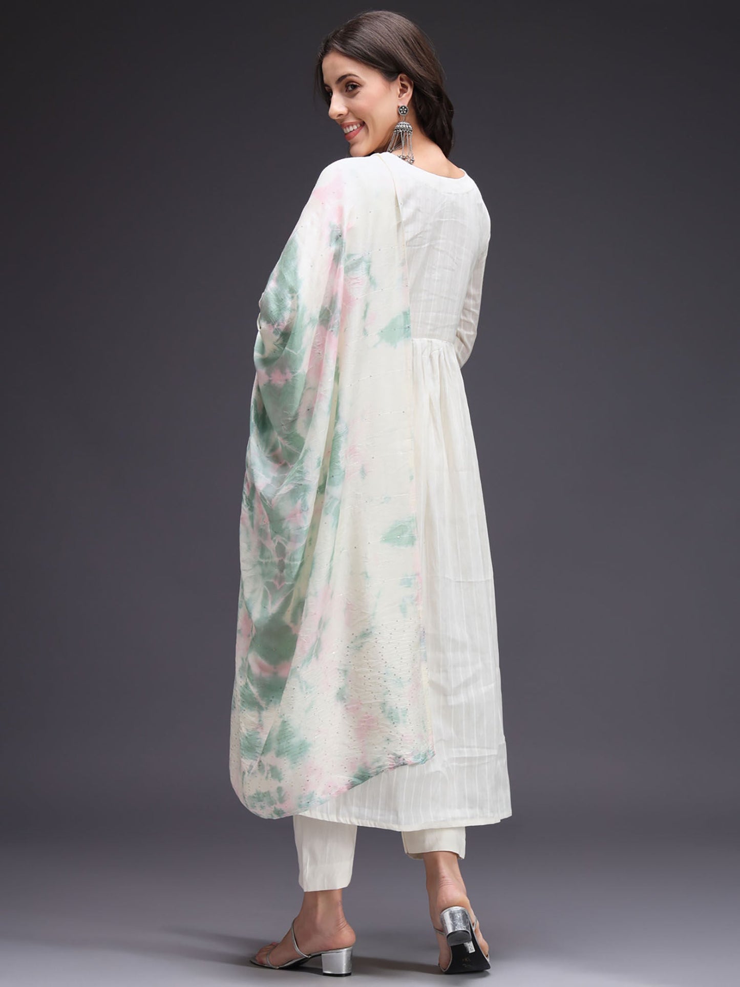 Heeposh Off White Cotton Weaved Kurta & Pant with Shibori Mulmul Dupatta (Set of 3)