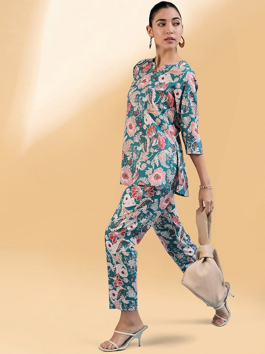 All about you Teal Blue Floral Printed Tunic With Trouser
