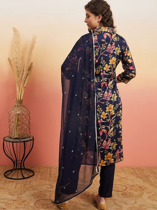 Sangria Navy Blue Floral Printed Mirror Work Straight Kurta With Trouser & Dupatta