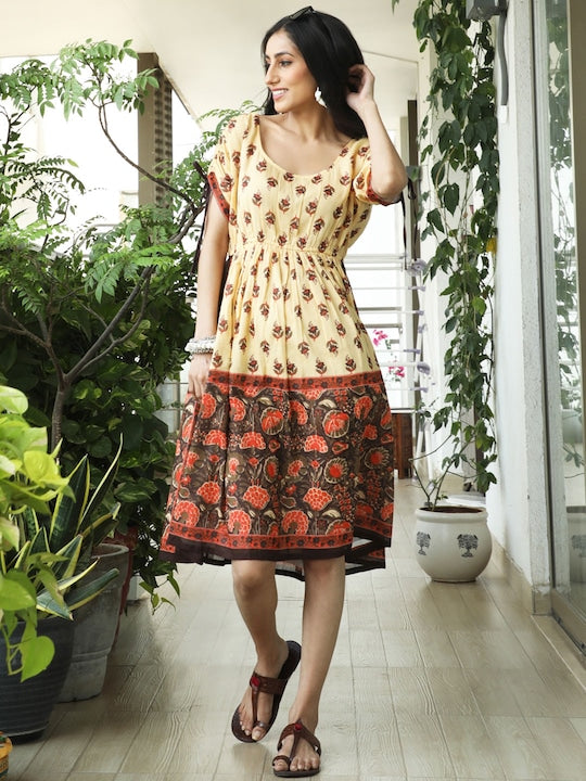 AKS Round Neck Ethnic Motifs Printed Tie-Ups Fit And Flare Knee Length Cotton Dress