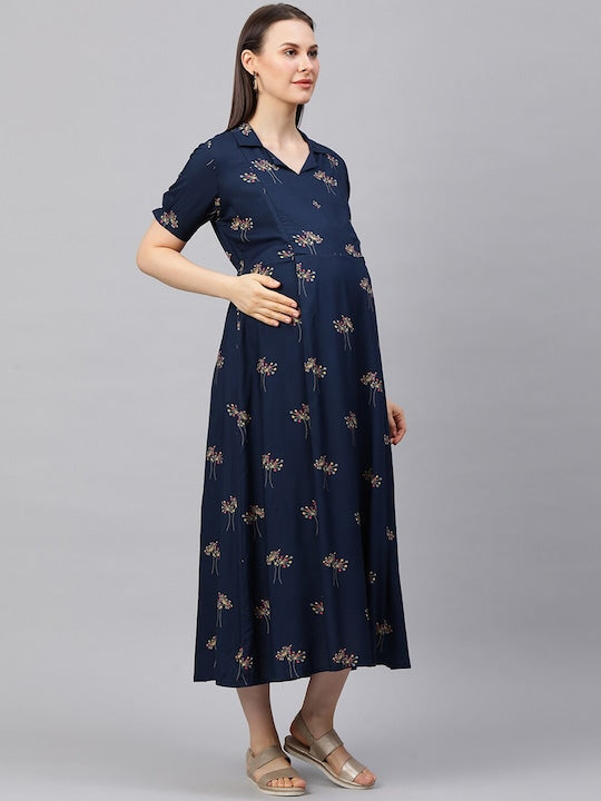 MomToBe Women Navy Blue Printed A-Line Midi Maternity Nursing Dress