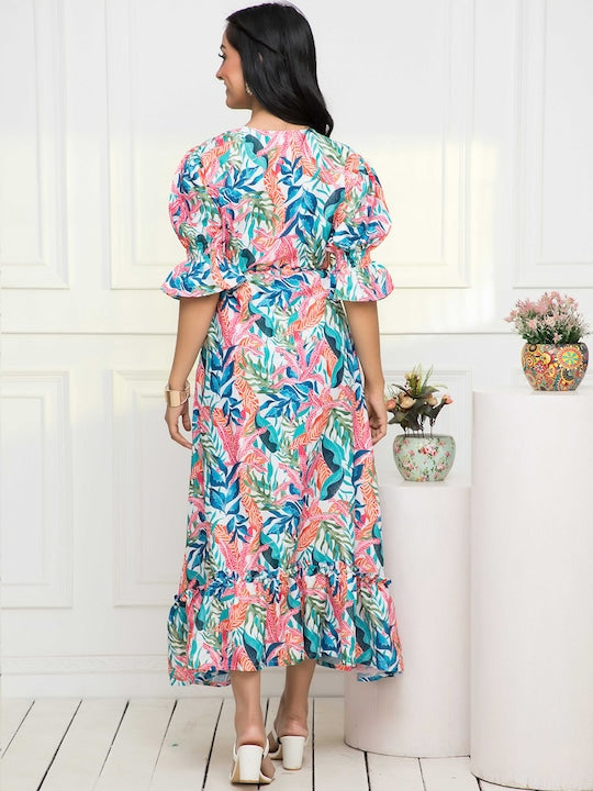 Myshka Tropical Printed V-Neck Wrap Dress