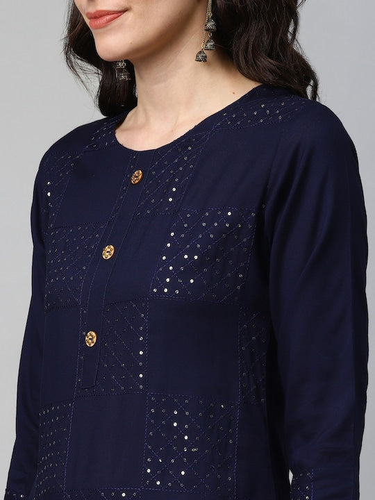 Yufta Women Navy Blue & White Solid Kurta with Palazzos