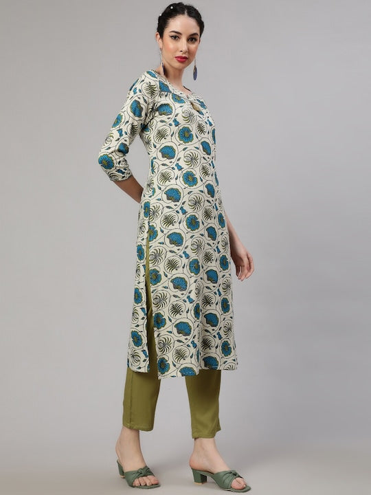 AKS Round Neck Floral Printed Regular Kurta with Trousers