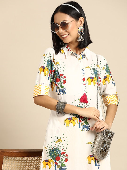 Sangria Floral Printed Pure Cotton Kurta with Trousers