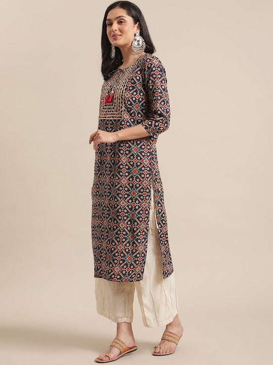 Varanga Women Navy Blue & Beige Ethnic Motifs Printed Keyhole Neck Gotta Patti Kurta