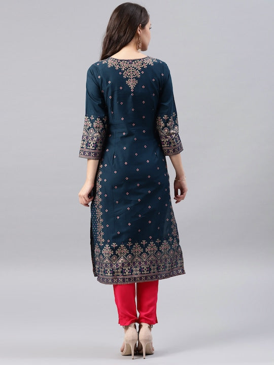Vishudh Women Navy Blue Printed A-Line Kurta