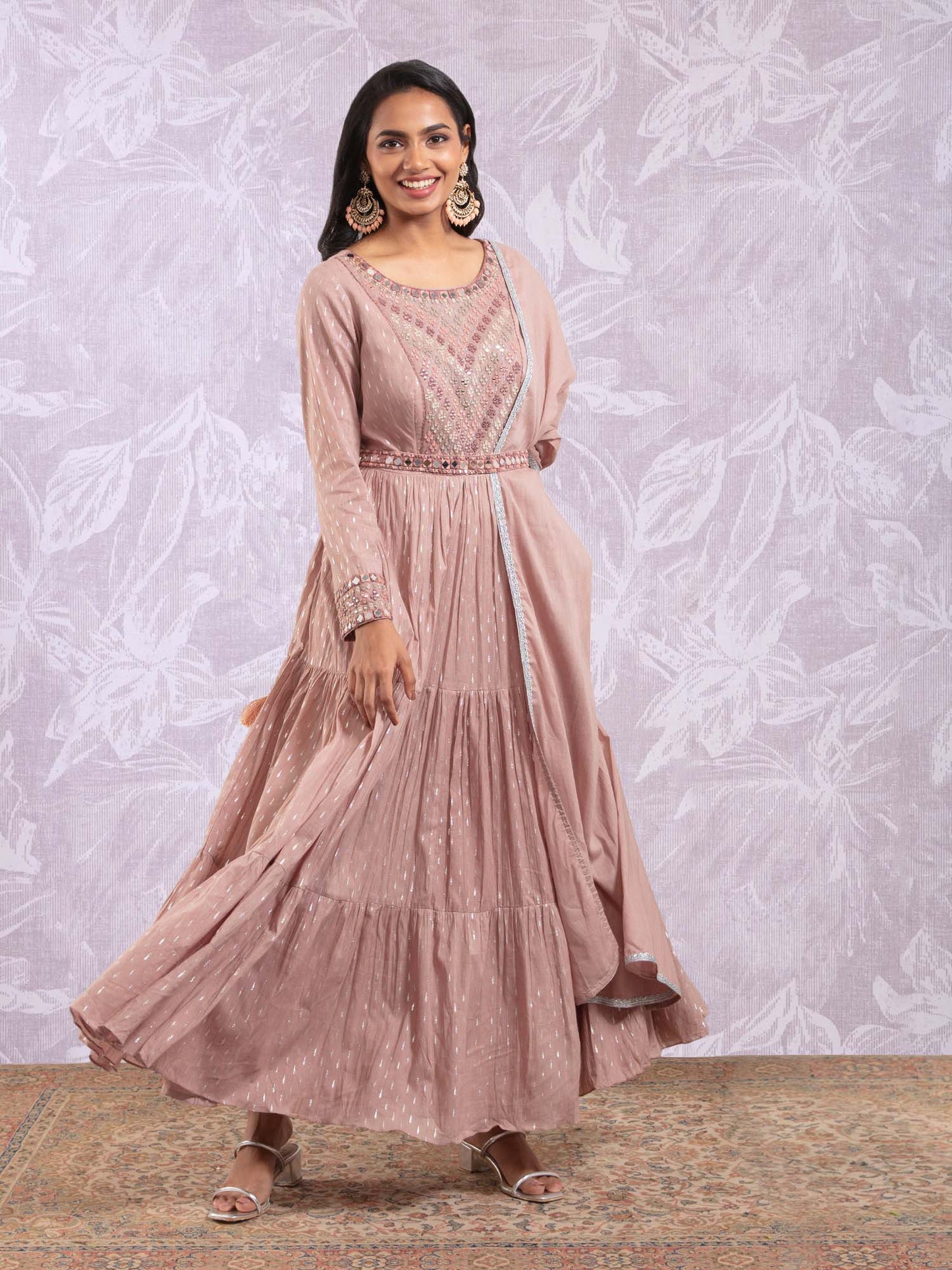 Likha Filigree Mauve Mirror Work Flared Kurta, Dupatta & Belt LIKSKD112 (Set of 3) - L