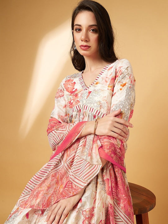 All about you Floral Embroidered V-Neck Straight Kurta With Trousers & Dupatta