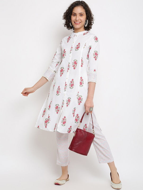 IMARA Floral Printed Mandarin Collar Lace Inserts Pure Cotton Kurta with Trousers