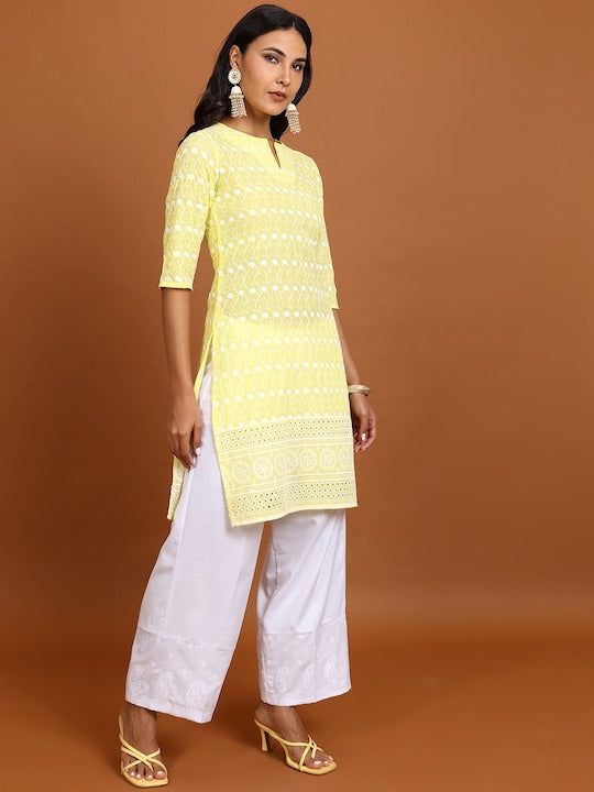Vishudh Yellow Floral Embroidered Thread Work Straight Kurta