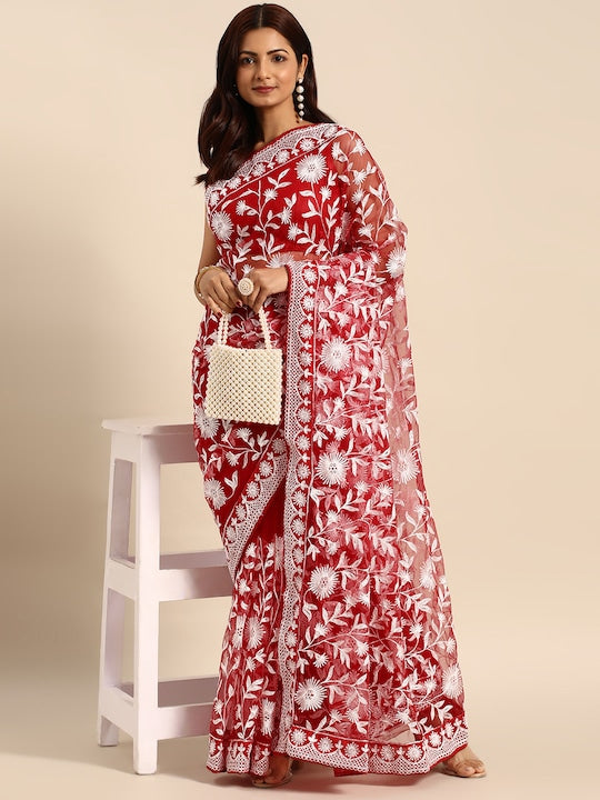 Here&now Floral Embroidered Net Saree