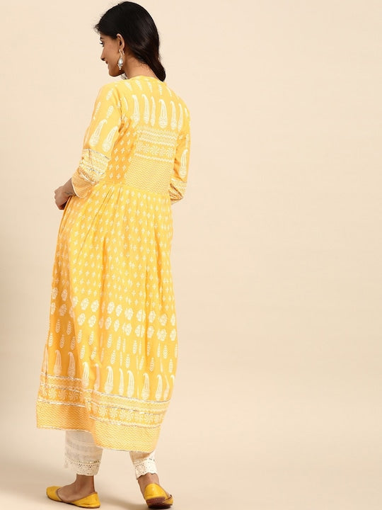 All about you Yellow Ethnic Motifs Printed Gotta Patti Detailed Cotton A-Line Kurta