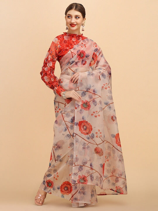 Sangria Floral Printed Festive Organza Saree