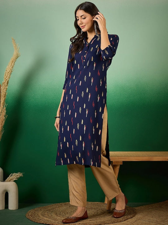 Sangria Abstract Printed Mandarin Collar Cotton Straight Kurta