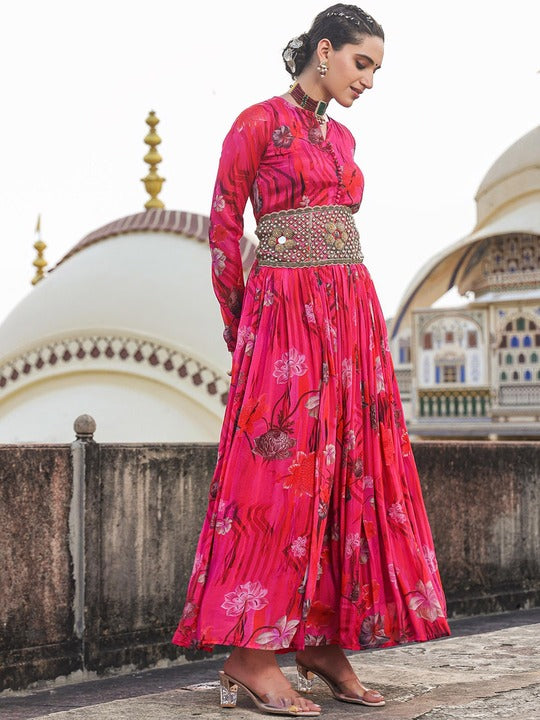 Scakhi Floral Printed Gathered Detailed Chinon Silk Maxi Ethnic Dress With Belt