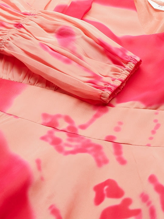 Myshka Peach-Coloured & Pink Tie and Dye Georgette Maxi Dress